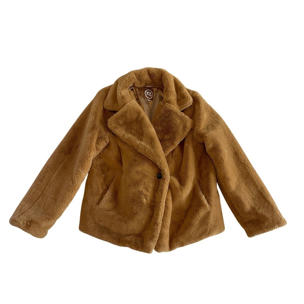 Camel Brown Faux Fur Jacket Fuzzy Oversized Collar Size M/L by INS
